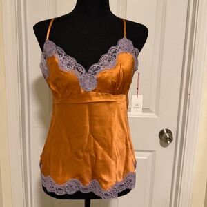 NWT Gold Hawk 100% Silk Cami in Orange with Lavender Lace Trim